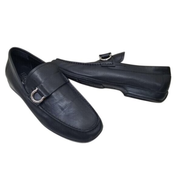 Salvatore Ferragamo 41 Black Leather Loafers Florence Italy Drivers Gancini Orna - Picture 1 of 10